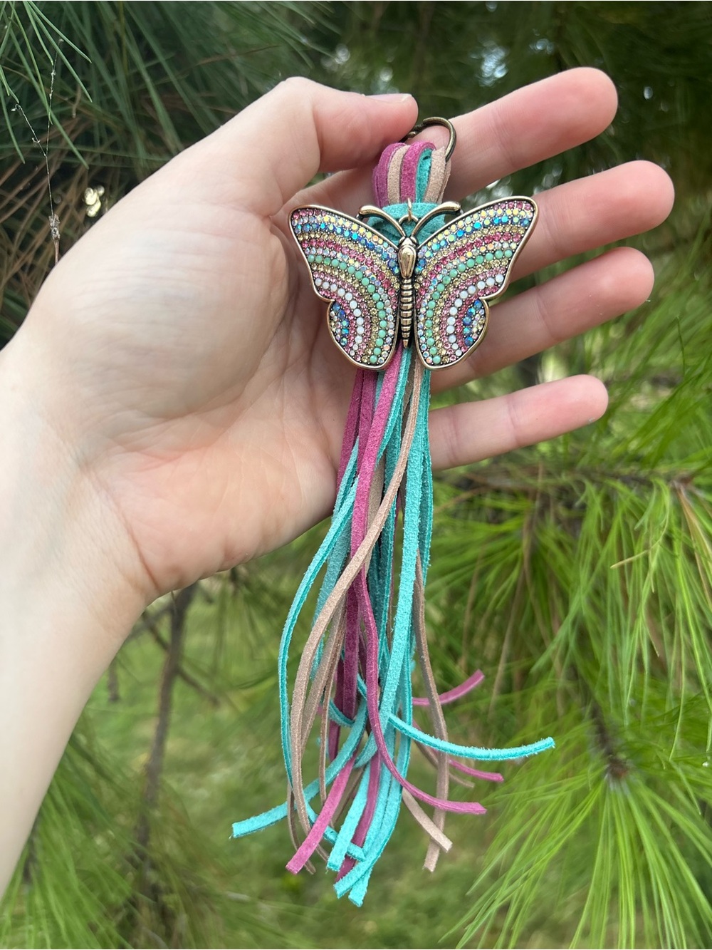 Butterfly Crystal Tassel Bag Flair Purse Charm - Pink, Teal & Gold